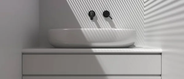 浴室内部现代最小设计 白色柜台上的圆形脸盆 灰色墙壁背景上的黑色水龙头 沉淀池和水龙头的细节 3D说明 — 图库照片