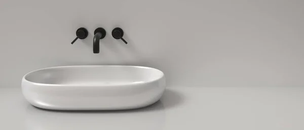 バスルームシンク流域と蛇口 インテリアの詳細 灰色の壁に黒いタップとミキサー ラウンドホワイト洗面台 現代的なミニマルデザイン バナー スペース 3Dイラスト — ストック写真