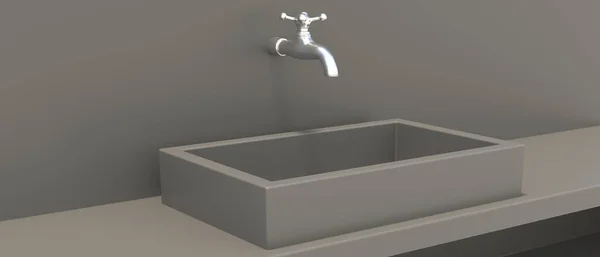 洗面台や蛇口 バスルームのキッチンインテリアの詳細をシンクします グレーのカウンター バナー上のクロムタップとグレーの長方形の洗面台 3Dイラスト — ストック写真