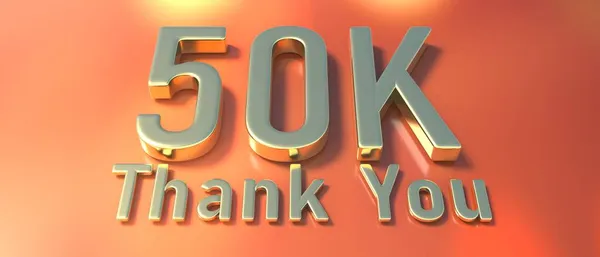 50キロの信者のお祝い オレンジ色の背景に5万の黄金のテキストをありがとうございました ネットワークの友人や加入者のための感謝カード ソーシャルメディアへの感謝 3Dイラスト — ストック写真