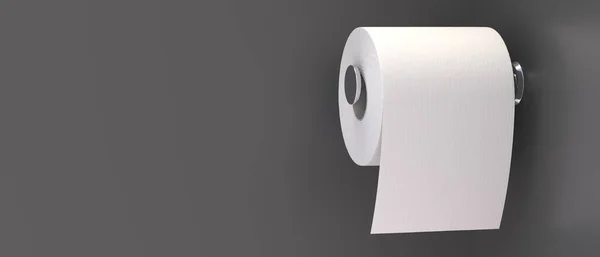 Toilet paper roll, hygiene tissue on holder, sanitary and household concept. White blank paper on gray wall background, banner, copy space. 3d illustration