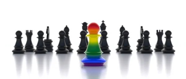 Regenbogenfarben Schachfigur Vor Schwarzem Figurenset Weißem Hintergrund Lgbt Gay Pride — Stockfoto