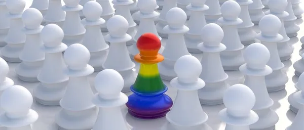1つの虹色チェスポーン多くの白い質屋の間で Lgbtゲイの誇り 違いと包含概念 3Dイラスト — ストック写真