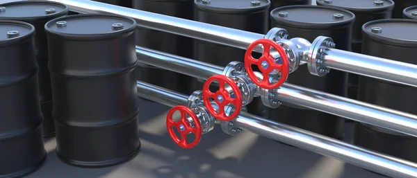 ガス産業 赤い車輪バルブとブラックオイルバレルを備えた産業用パイプライン 燃料ストックと石油生産の概念 3Dイラスト — ストック写真