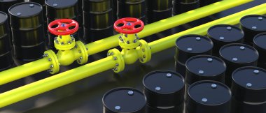 Kırmızı tekerlek valfleri ve siyah varilleri olan endüstriyel petrol boru hatları. Petrol ve gaz endüstrisi. Yakıt stoku ve petrol üretim konsepti. 3d illüstrasyon