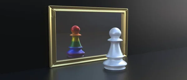 Regenbogenfarben Schachfigur Spiegelbild Eines Weißen Bauern Schwarzer Hintergrund Freiheit Der — Stockfoto