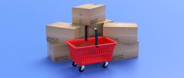 Süpermarket sepeti ve mavi arka planda kutular. Alışveriş ve dağıtım servisi, sipariş ve teslimat. 3d illüstrasyon
