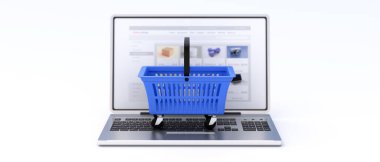Dükkan, ticaret konsepti. İnternetten alışveriş yapıyorum. Dizüstü bilgisayarında mavi, boş bir süpermarket sepeti, mavi arka plan. 3d illüstrasyon