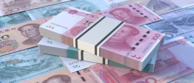 Çin kağıt para birimi, Yuan Renminbi fatura banknotlar arka plan balonları. Çin ekonomisi, bankacılık, Asya 'daki finansal iş büyümesi. 3d illüstrasyon