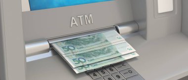 Çin ATM makinesinde elli yuan nakit. Otomatik veznedar ve Çin para çekme makinesi. Nakit, ödemeler, banka işlemleri konsepti. 3d illüstrasyon