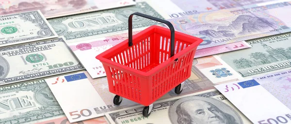 Supermarkt Einkaufskorb Leer Einkaufswagen Mit Roter Farbe Auf Weltweiten Geldscheinen — Stockfoto