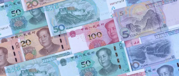 Банкноты Юаней Юаней Заднем Плане Портрет Председателя Мао 100 Китайской — стоковое фото