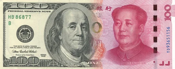 Billets Banque Yuan Chinois Dollars Américains Fond Chine États Unis — Photo