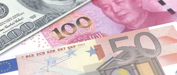 Китайский Юань Евро Доллары Сша Банкноты Фон Китай Соединенные Штаты — стоковое фото