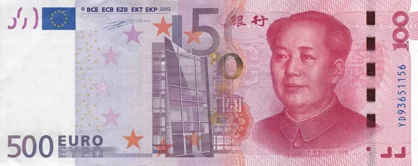 Čínský Juan Pozadí Eurobankovek Papírové Měny Číny Evropské Unie Čína — Stock fotografie