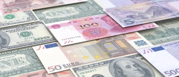 钞票的背景 美国和欧盟的纸币 人民币 欧元和美元 全球经济商业概念 — 图库照片