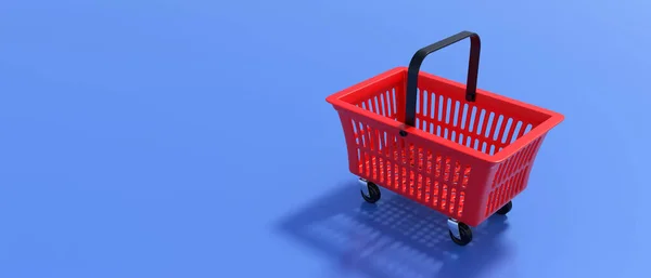 超市购物篮空 购物车红色蓝色底色 食品杂货采购和携带 商业模板 3D说明 — 图库照片