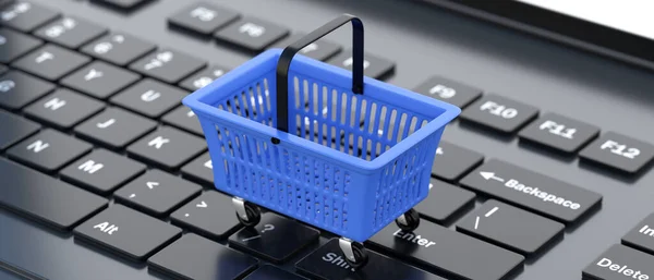 Commerce Boodschappen Doen Online Concept Blauwe Lege Supermarkt Mand Een — Stockfoto