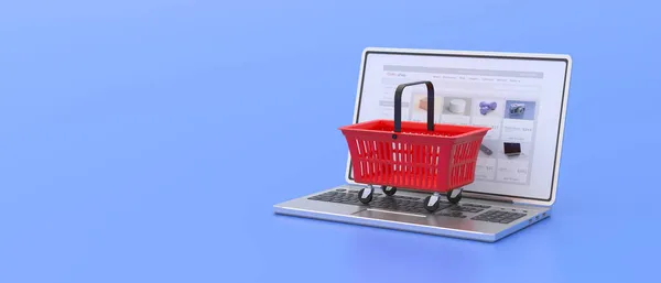 Shop Commerce Concept Boodschappen Online Blauwe Lege Supermarkt Mand Een — Stockfoto