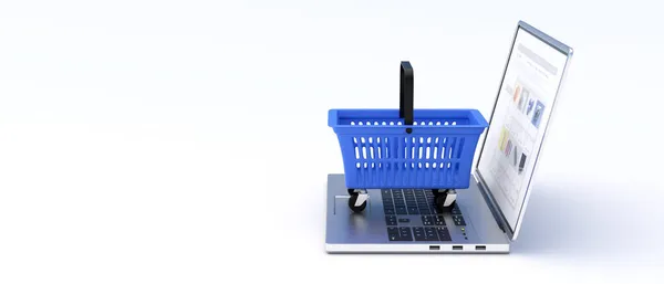 Eショップ Eコマースの概念 オンラインで食料品を買い物 ノートパソコン上の青の空のスーパーマーケットバスケット 青の背景 3Dイラスト — ストック写真