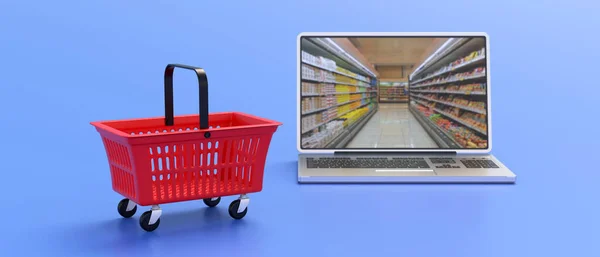 Supermarktgangpad Een Laptopscherm Een Rood Mandje Boodschappen Online Commerce Concept — Stockfoto