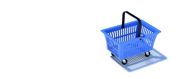 Sepet Dükkanı Boş Süpermarket Arabası Mavi Renk Beyaz Arka Planda — Stok fotoğraf