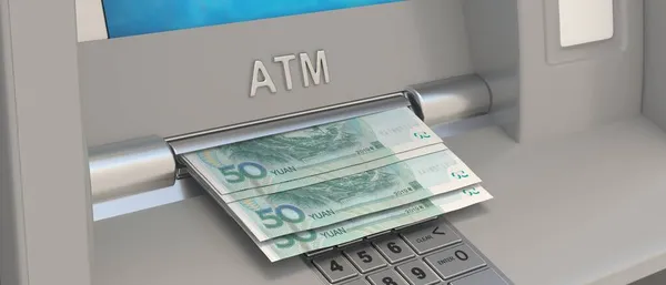 China Fifty Yuan Banknotes Atm Slot Automated Teller Machine Chinese — Stock Photo, Image