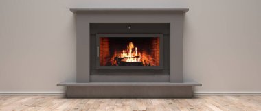 Burning fire in an energy fireplace radiates heat, warm house in winter, modern home interior. Flames and firewood behind glass, wooden floor. 3d illustration clipart