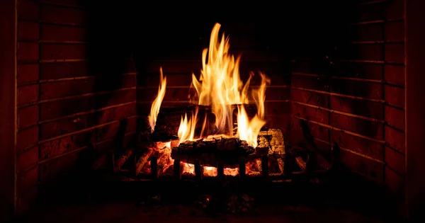 Fireplace Burning Fire Flames Wood Logs Fireside Bricks Background Cozy — Stock Photo, Image