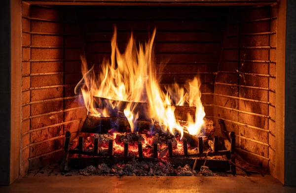 Fireplace Burning Fire Flames Wood Logs Fireside Bricks Background Cozy — Stock Photo, Image