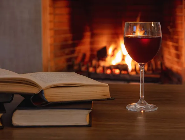 Vino Rosso Che Beve Legge Libro Vicino Fuoco Bicchiere Vino — Foto Stock