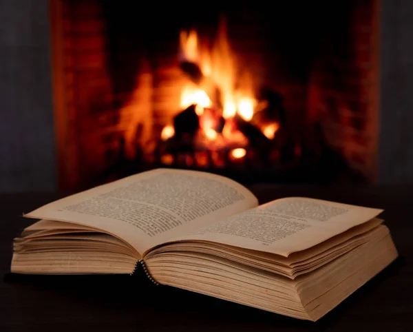 Book Open Fireplace Burning Firewood Background Reading Relax Fire Christmas — Stock Photo, Image