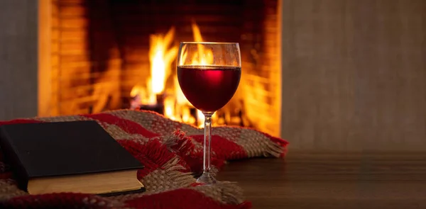 Vino Rosso Che Beve Legge Libro Vicino Fuoco Bicchiere Vino — Foto Stock