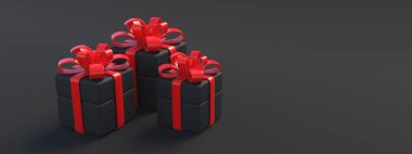 Kara Cuma alışveriş konsepti. Siyah arka planda kırmızı kurdeleli üç küçük hediye, boşluk. Kış mevsimi promosyonu şablonu. 3d illüstrasyon
