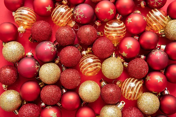 Palle Natale Sfondo Colore Rosso Varietà Bagattelle Natalizie Colori Rosso — Foto Stock