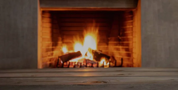 Table Blur Burning Fireplace Background Empty Wooden Planks Space Advertise — Stock Photo, Image