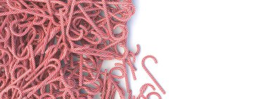 Çubuk şekerler beyaz arka planda, boşlukta. Mutlu Noeller tebrik kartı şablonu. Nane kırmızısı, beyaz çizgili geleneksel çocuk şekeri afişi. 3d illüstrasyon