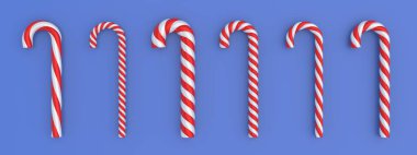 Mavi arka planda noel şekerleri varyasyonu. Mutlu Xmas pankartları. Nane kırmızısı, beyaz çizgili geleneksel çocuk şekeri sınırı, desen. 3d illüstrasyon