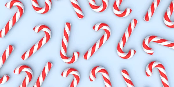 圣诞糖果手杖在淡蓝色的背景上 圣诞快乐的概念 薄荷红白条纹传统儿童糖果平铺 3D说明 — 图库照片
