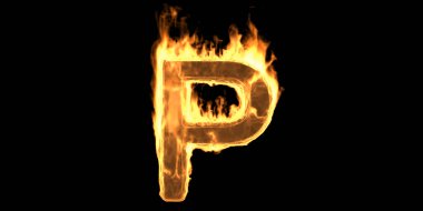 Alfabe harfi P 'yi ateşle, yanan yazı tipi. Duman ve ateş efektiyle yanan alev metni. Sıcak parıldayan tasarım ögesi siyah arkaplanda izole edildi. 3d illüstrasyon