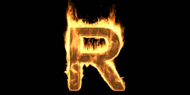 Alfabe harfi R 'yi ateşle, yanan yazı tipi. Duman ve ateş efektiyle yanan alev metni. Sıcak parıldayan tasarım ögesi siyah arkaplanda izole edildi. 3d illüstrasyon