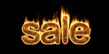 Satış Ateşi yanan metin, siyah arkaplanda izole edilmiş sıcak parıldayan tasarım elementi. Duman ve ateş efektiyle alev alev yanan bir kelime. 3d illüstrasyon