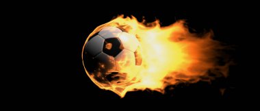 Siyah arka planda uçan yanan futbol topu. Alevli futbol topu, ateşli enerji oyunu. Parlak spor aletleri. 3d illüstrasyon