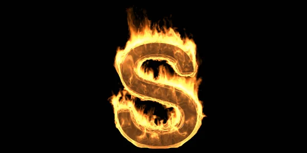 炎のアルファベット文字S 炎の書き込みフォント 煙と炎の効果で炎のテキストを燃焼 黒の背景に隔離されたホット輝くデザイン要素 3Dイラスト — ストック写真
