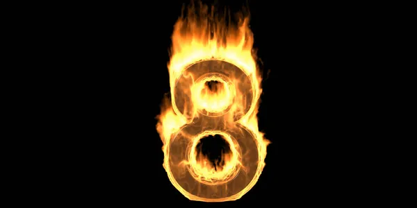 8番目の火災 炎のフォントを書き込みます 煙と炎の効果で炎のテキストを燃焼 黒の背景に隔離された熱い赤い火の輝き 3Dイラスト — ストック写真