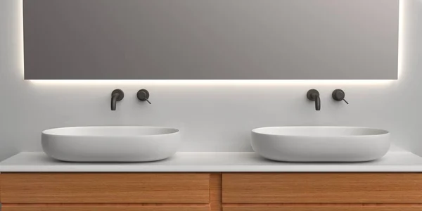 浴室内部现代最小设计 白色柜台上的两个圆形水池 黑色水龙头和镜子 墙壁上有线形导光 木制橱柜 3D说明 — 图库照片