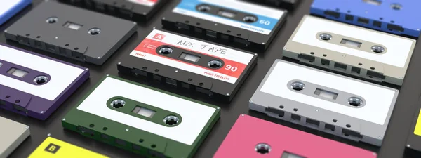 Retro Muziek Audio Cassette Tapes Met Labels Zwarte Achtergrond Banner — Stockfoto