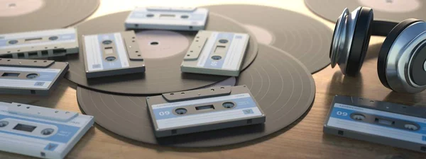 Musica Retrò Cassette Dischi Vinile Sfondo Tavolo Legno Striscione Lettore — Foto Stock