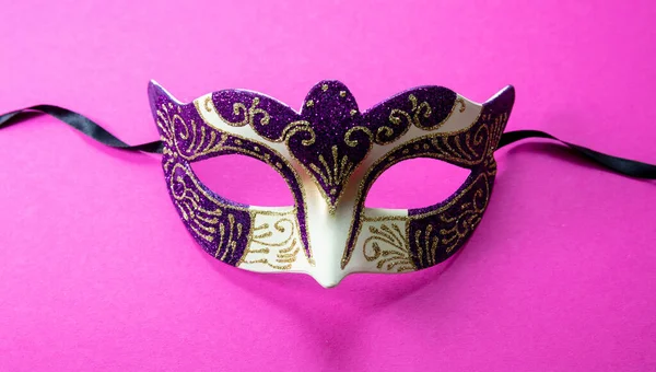 Carnival Venetian Mask Purple Color Glitter Vibrant Pink Background Traditional — Stock Photo, Image