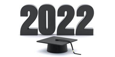 2022 Mezuniyet siyah logosu. Lise, üniversite mezuniyet partisi davetiyesi, tebrikler. Yıl numarası ve mezuniyet şapkası beyaz arka planda izole edilmiş. 3d illüstrasyon